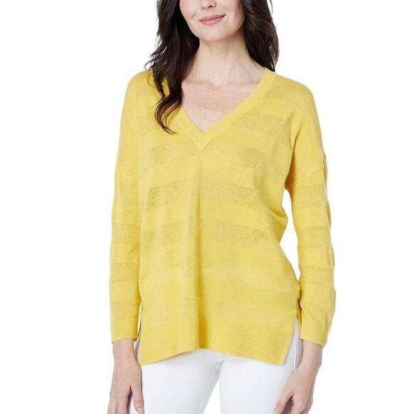 Anthropologie Cotton Linen Striped V Neck Lightweight Sweater Tunic Top Yellow L - Picture 7 of 8